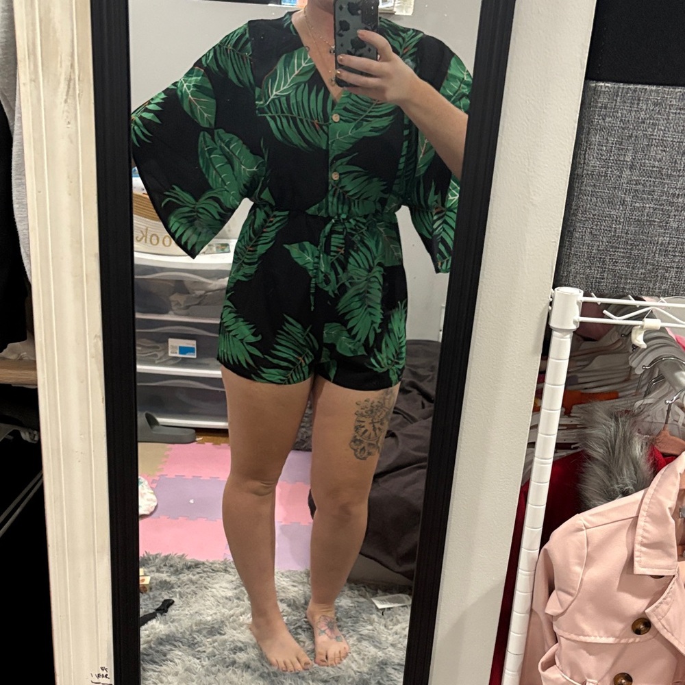 Green Leaf Print Romper